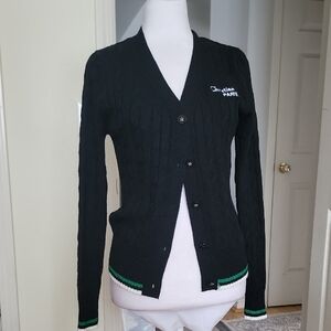 Inspired Black Cardigan with Green and White Trim
